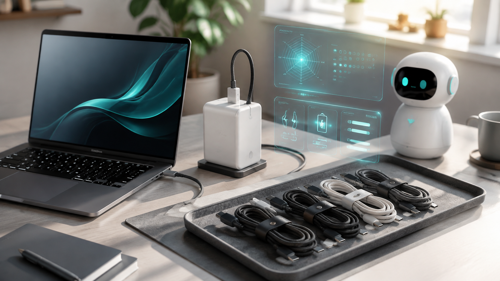 100W USB-Cケーブルを比較するAIコーディネーターのデスクビジュアル
