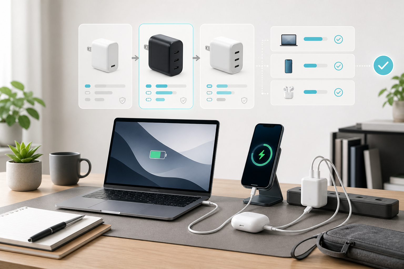 65W USB-C充電器選びをイメージしたデスクとAIコーディネーターのオリジナルビジュアル