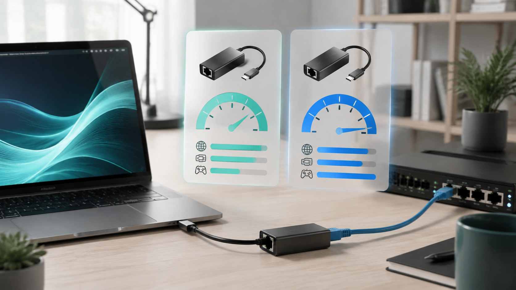 USB-C有線LANアダプタを比較するAIコーディネーターのデスクビジュアル