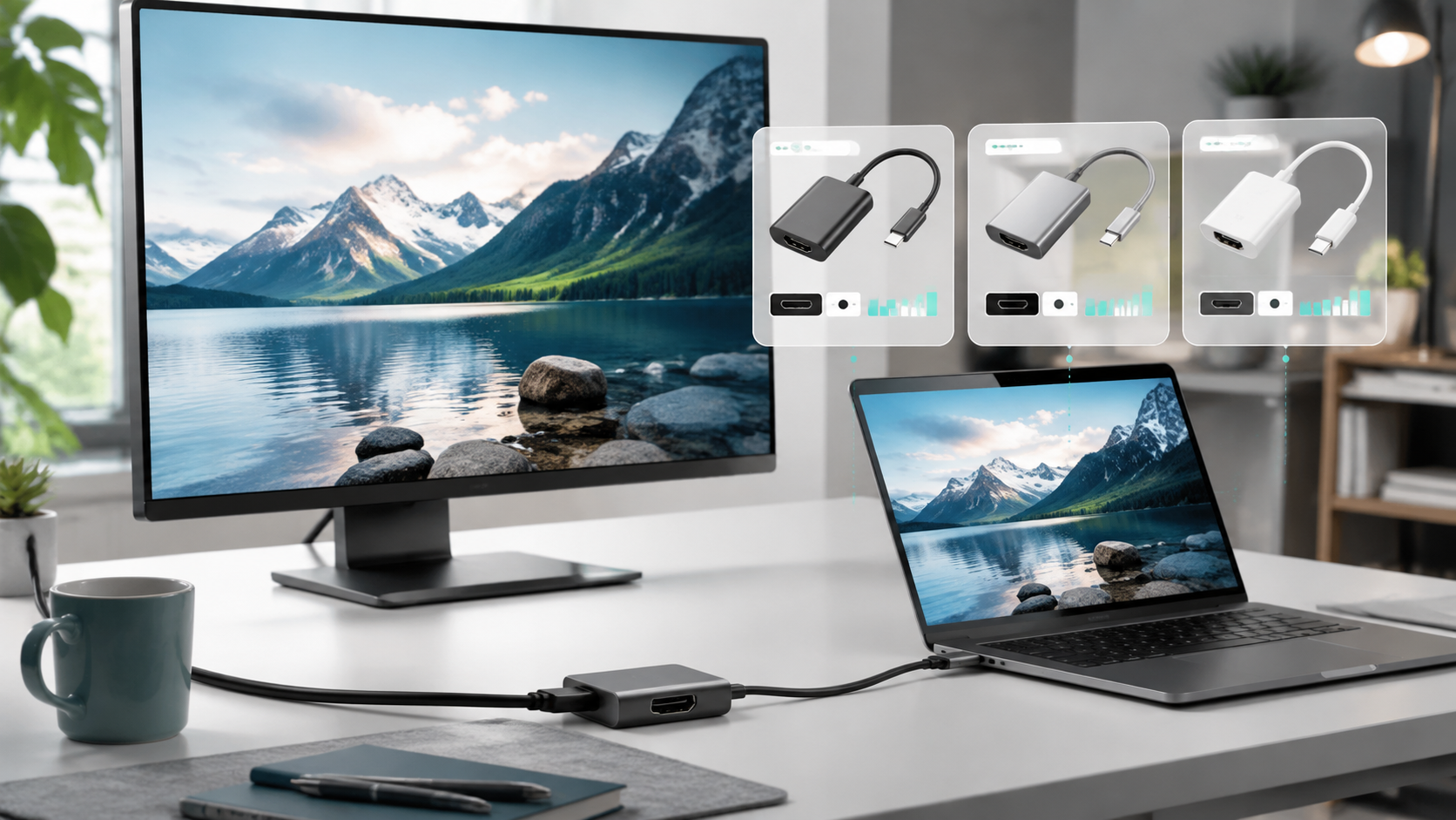 USB-C HDMI変換アダプタを比較するAIコーディネーターのデスクビジュアル