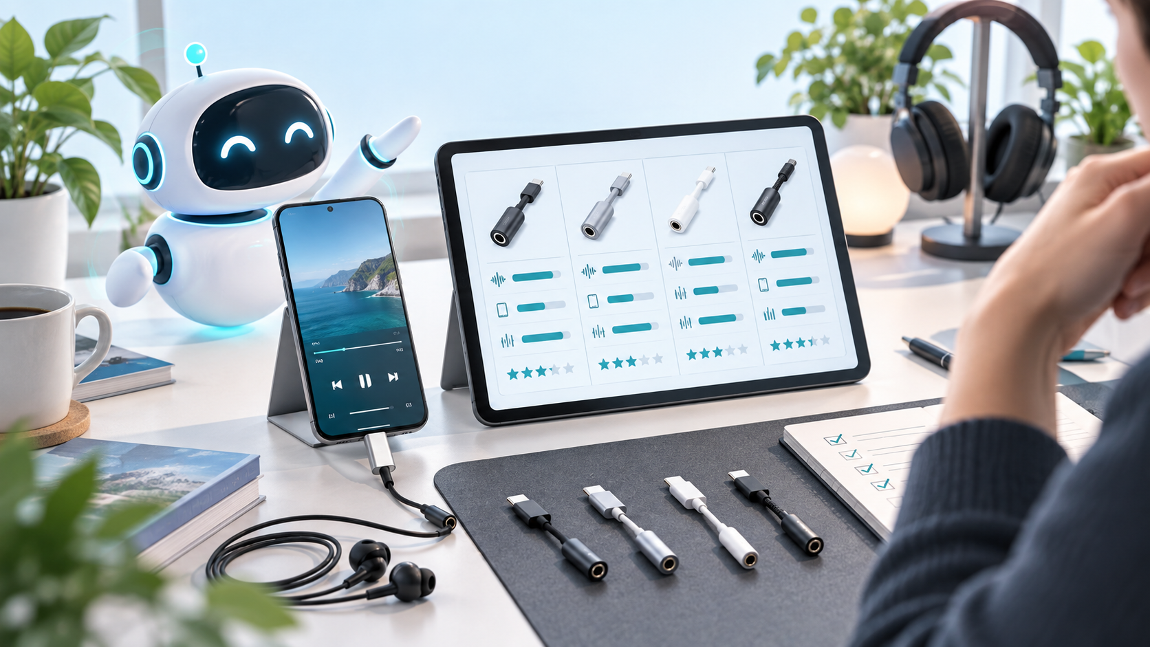 USB-Cイヤホン変換アダプタを比較するAIコーディネーターのデスクビジュアル