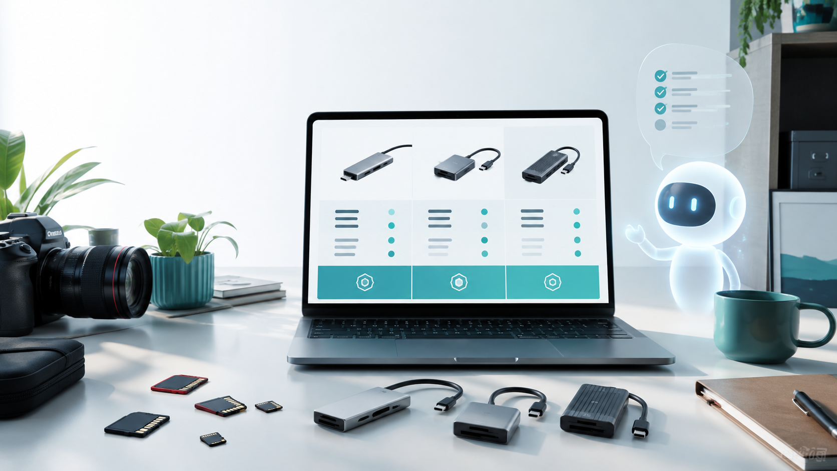 USB-C SDカードリーダーを比較するAIコーディネーターのデスクビジュアル