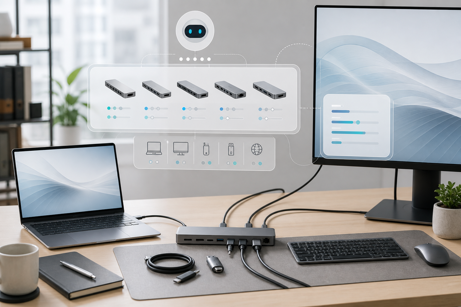 USB-Cハブ選びをイメージしたデスクとAIコーディネーターのオリジナルビジュアル